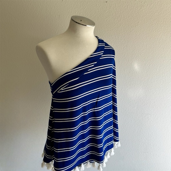 Trina Turk blue white stripe one shoulder flowy summer top S fits some M - Picture 3 of 14